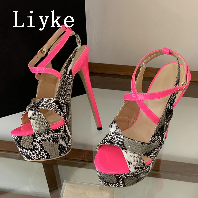 Liyke Sexy Extreme Thin High Heels Woman Platform Sandals Fashion Leopard Print Thick Bottom Ankle Buckle Strap Summer Shoes
