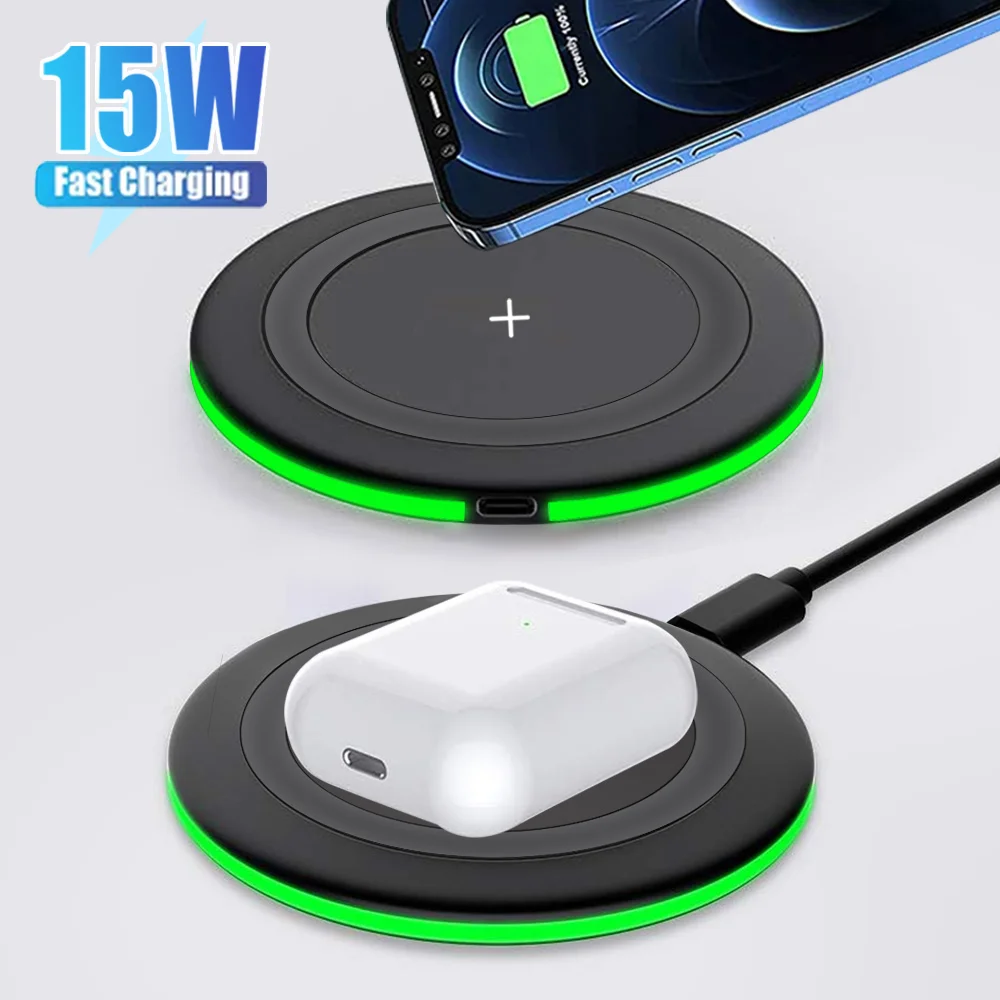 15W Wireless Charger Pad For iPhone 16 15 X Pro Max Induction Fast Charging Pad Dock Station For Samsung S23 S22 Xiaomi Huawei