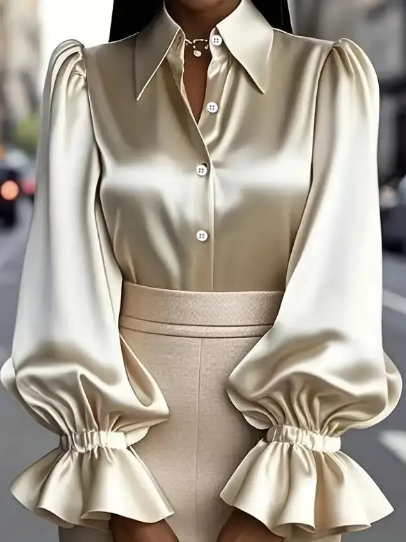 

Women Blouse 2026 Spring Autumn New Solid Color Turn-Down Collar Long Sleeve Satin Versatile Casual Daily Shirt Top