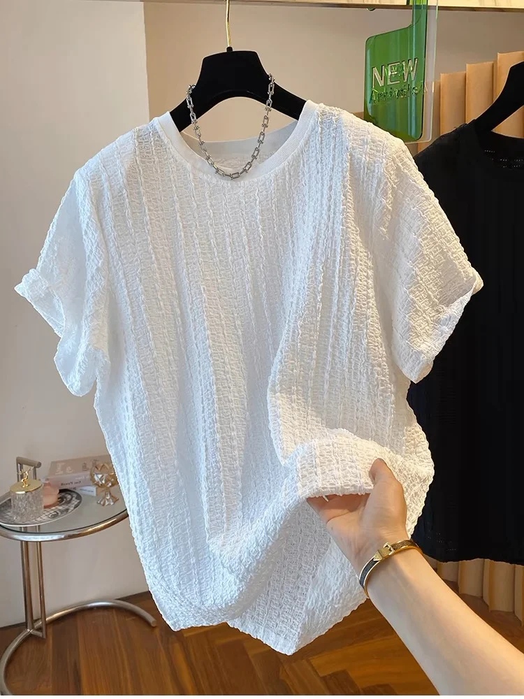 plus Size 300 Pou Women's T-irt round Ne ort Sve Loose Casual Versatile f Sve Summer Top Textured Folded