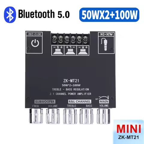 ZK-MT21 2.1 Channel 2*50W+100W Digital Power Amplifier Board Audio Stereo BT5.0 Bass AMP AUX 12/24V CS8673E