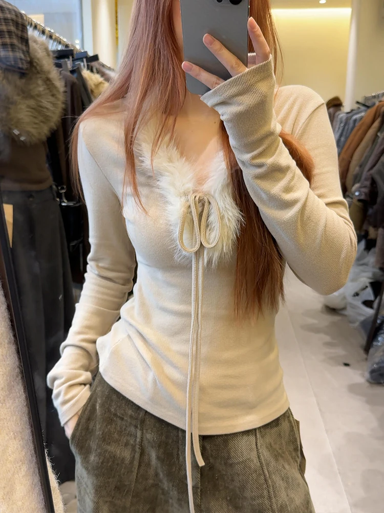 

Pure Desire Style V-Neck Belted Fur Collar Base Shirt Women's Slim Fit Long Sleeve Warm Inner Wear Korean Style Knitted Top