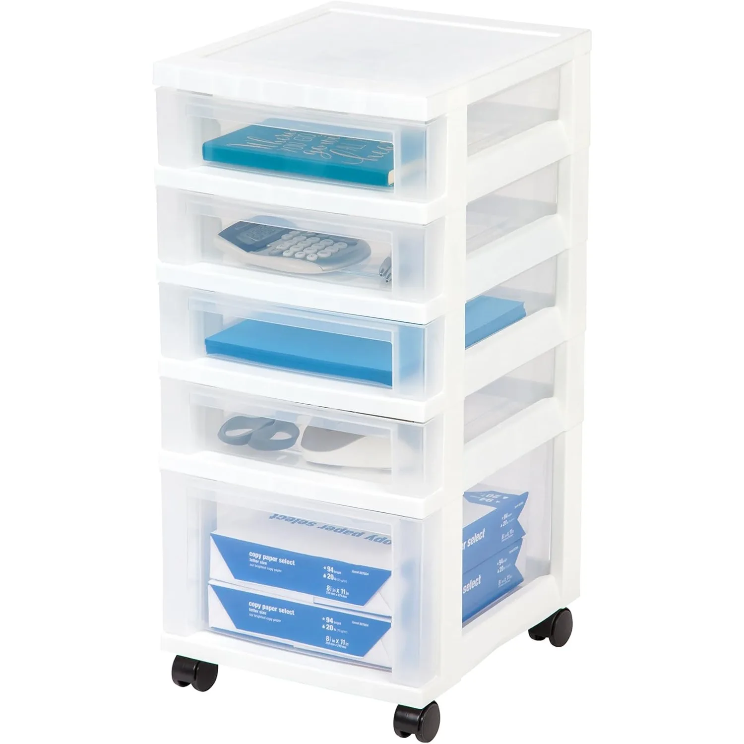 

Plastic Drawer Storage Organizer Rolling Cart with Wheels Casters 5-Drawers for Classroom Art Craft Supplies Dresser White/Clear