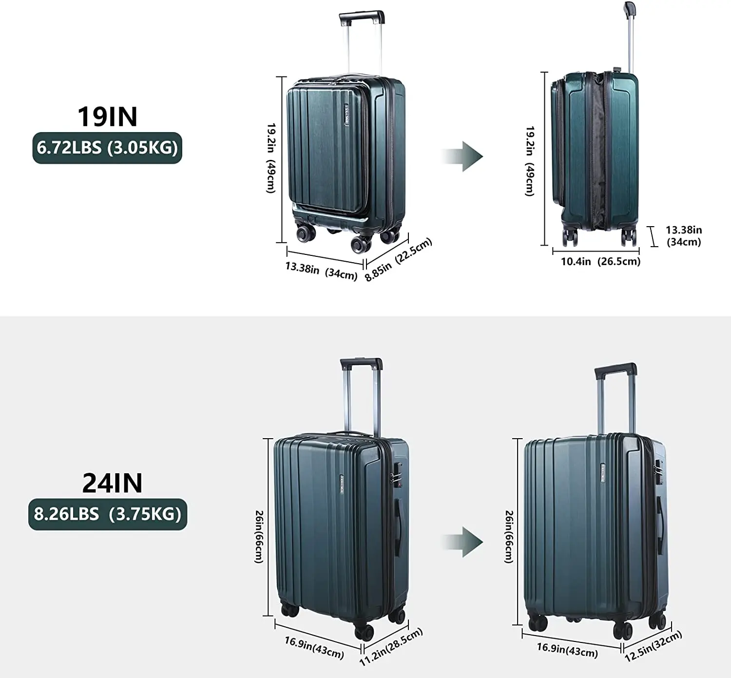 Luggage Set 2 Piece 20/24 Front Laptop Pocket & Expandable ABS+PC Lightweight Hardshell Spinner Wheels TSA Lock YKK Zipper Green