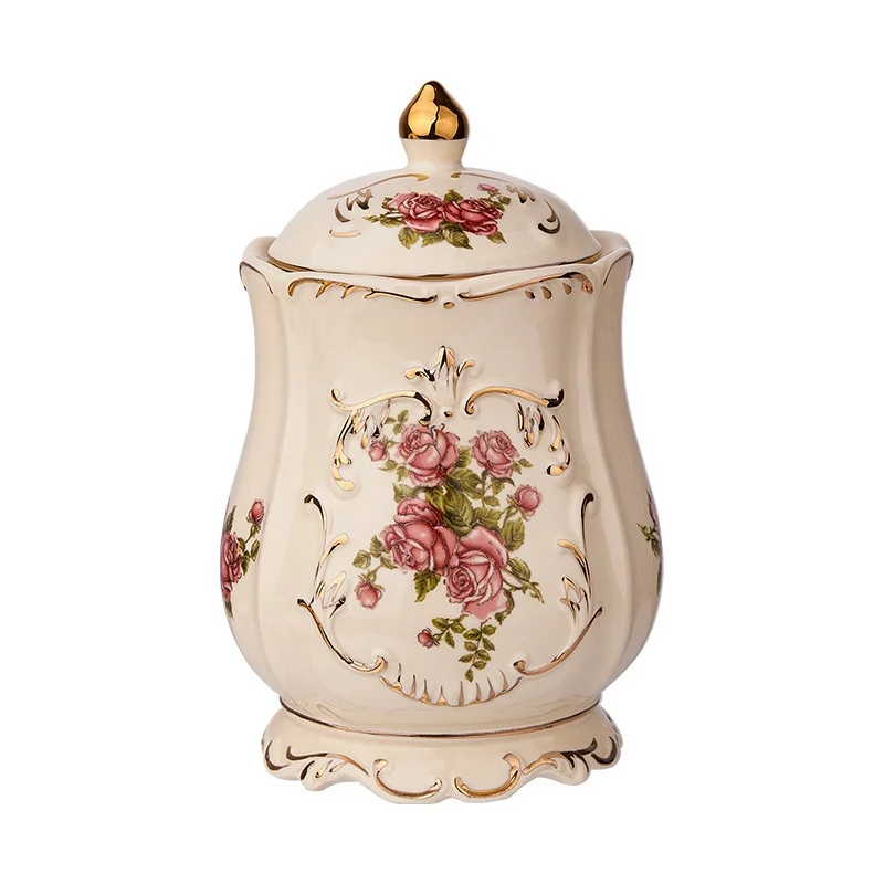 

Vintage Flower 1000ml Ceramic Bottles Coffee & Tea Sugar Jars Canisters Dry Fruit Storage Sealed Pot With Lid
