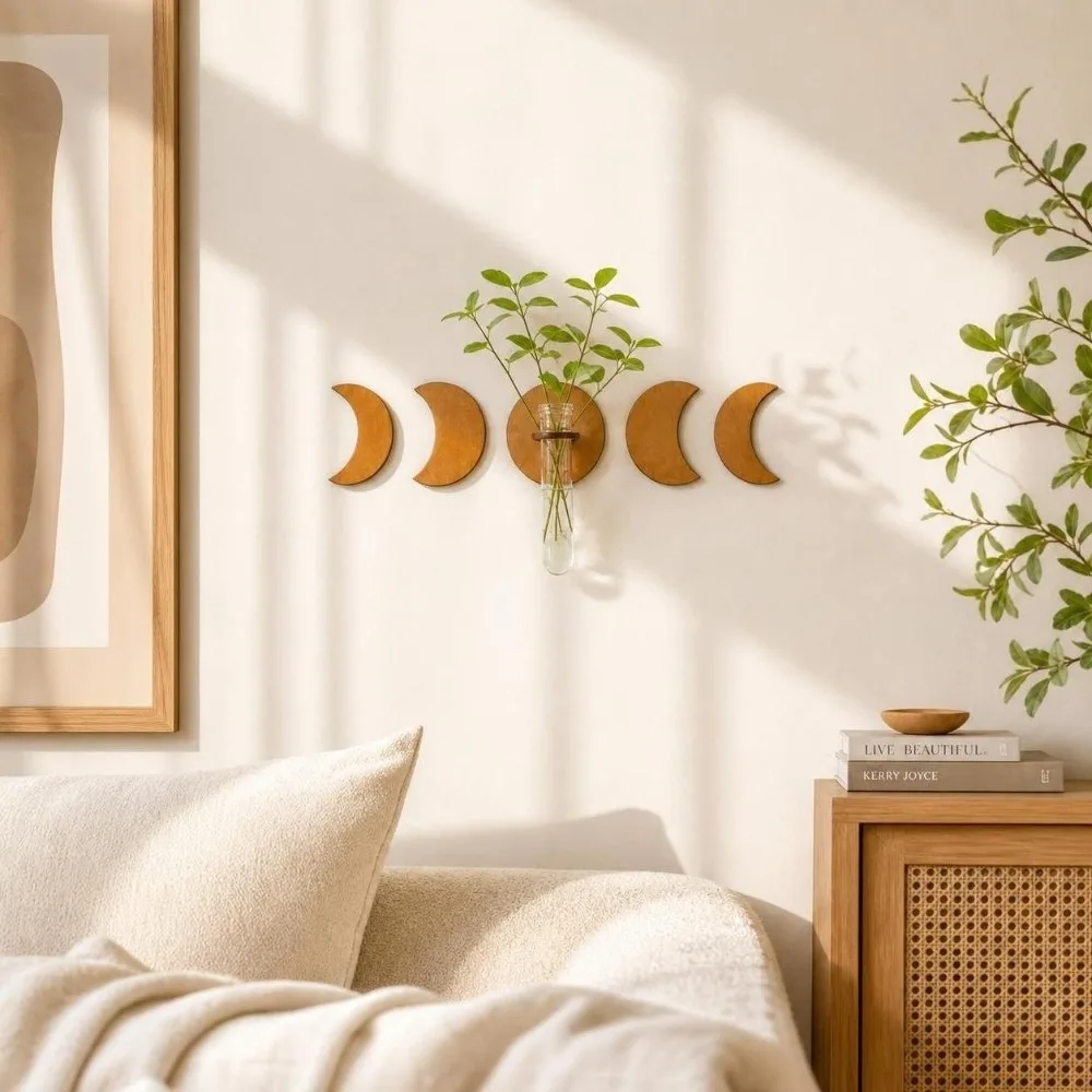 Minimalist Wooden Wall Mounted Planter Home Ornaments Vase Wall Decoration Moon Shape Retro Hydroponic Planter Shelf Home Decor