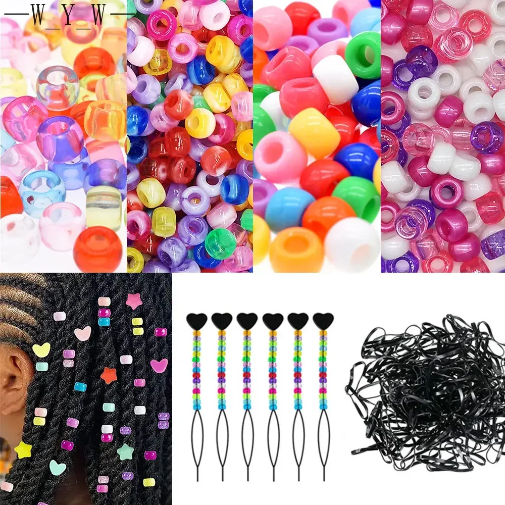 401Pcs/Set Hair Beads Beading Kits for Kids Hair Acrylic Rainbow Beads Elastic Rubber Bands for Braid for Hair Accessories