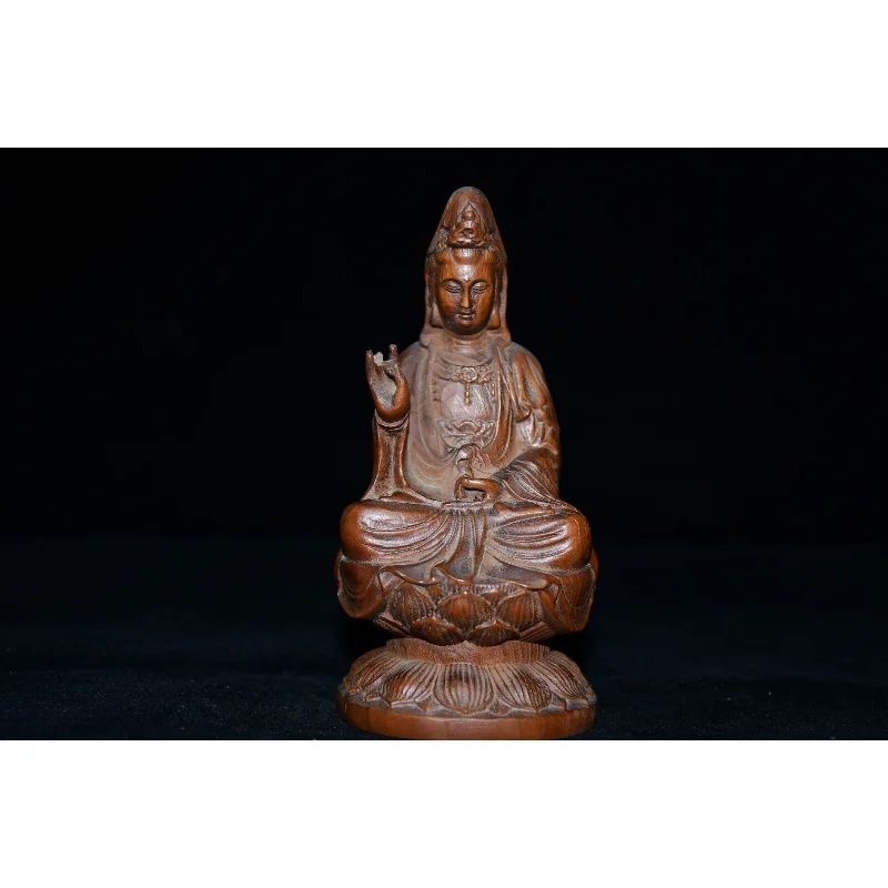 

5.5" Collect Chinese Box-wood Carving Buddhism Kwan-yin Sit Lotus Flower Statue Craft Gift Decoration Home Decore