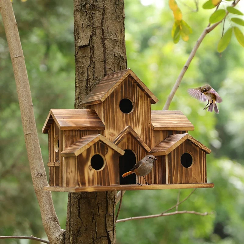 Hanging Bird House For Outside 6 Hole Wooden Bird House Courtyard Backyard Decorations