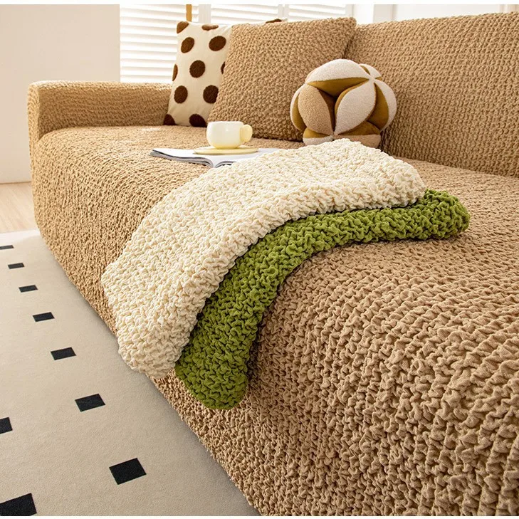 Luxury Cream Style One Piece Full Coverage Stretch Seersucker Sofa Cover Anti Cat Scratch Protector For Lazy Sofa