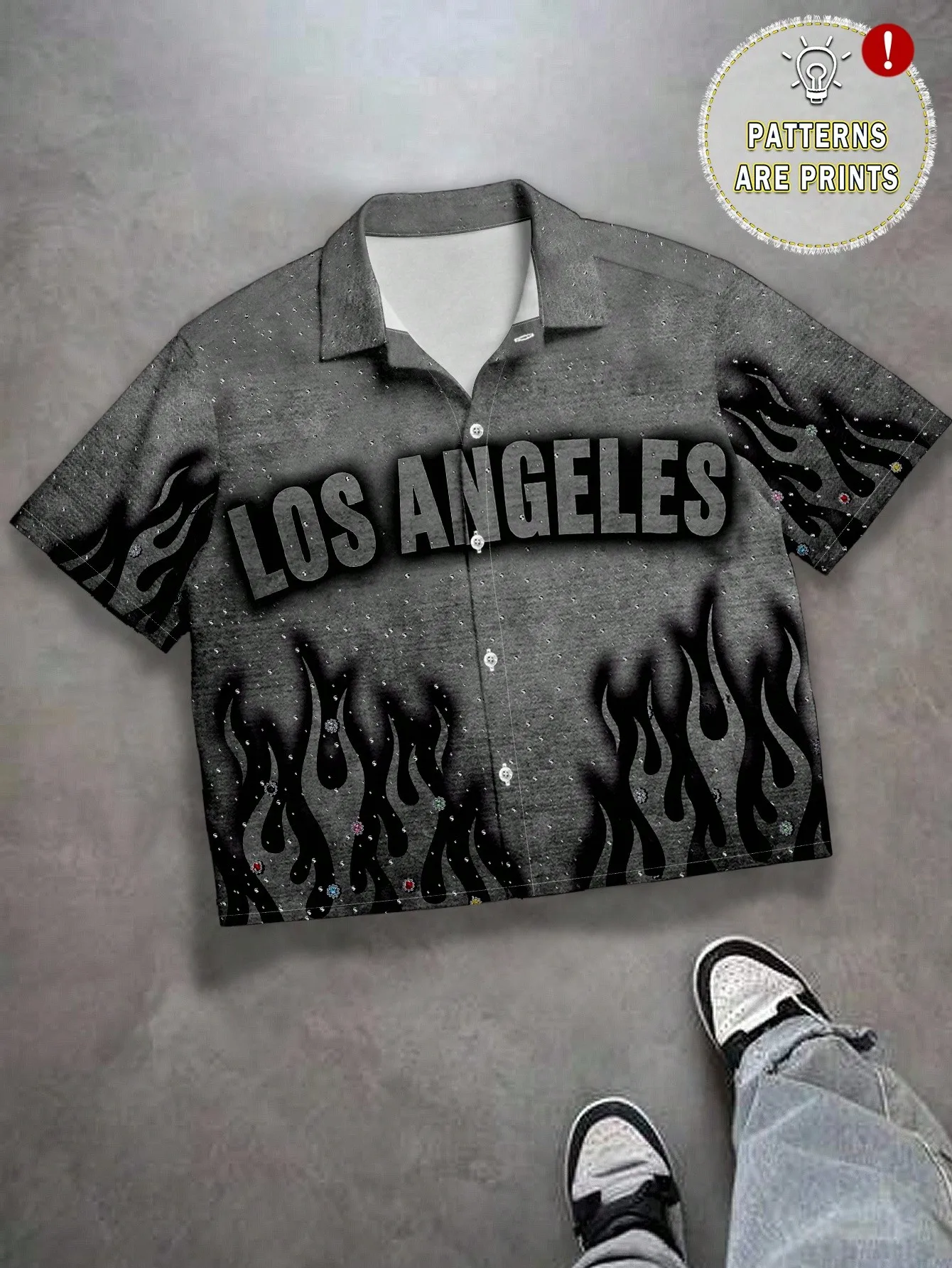

Men's Casual Short Sleeve Shirt with Flame Graphic Print and Rhinestone Accents