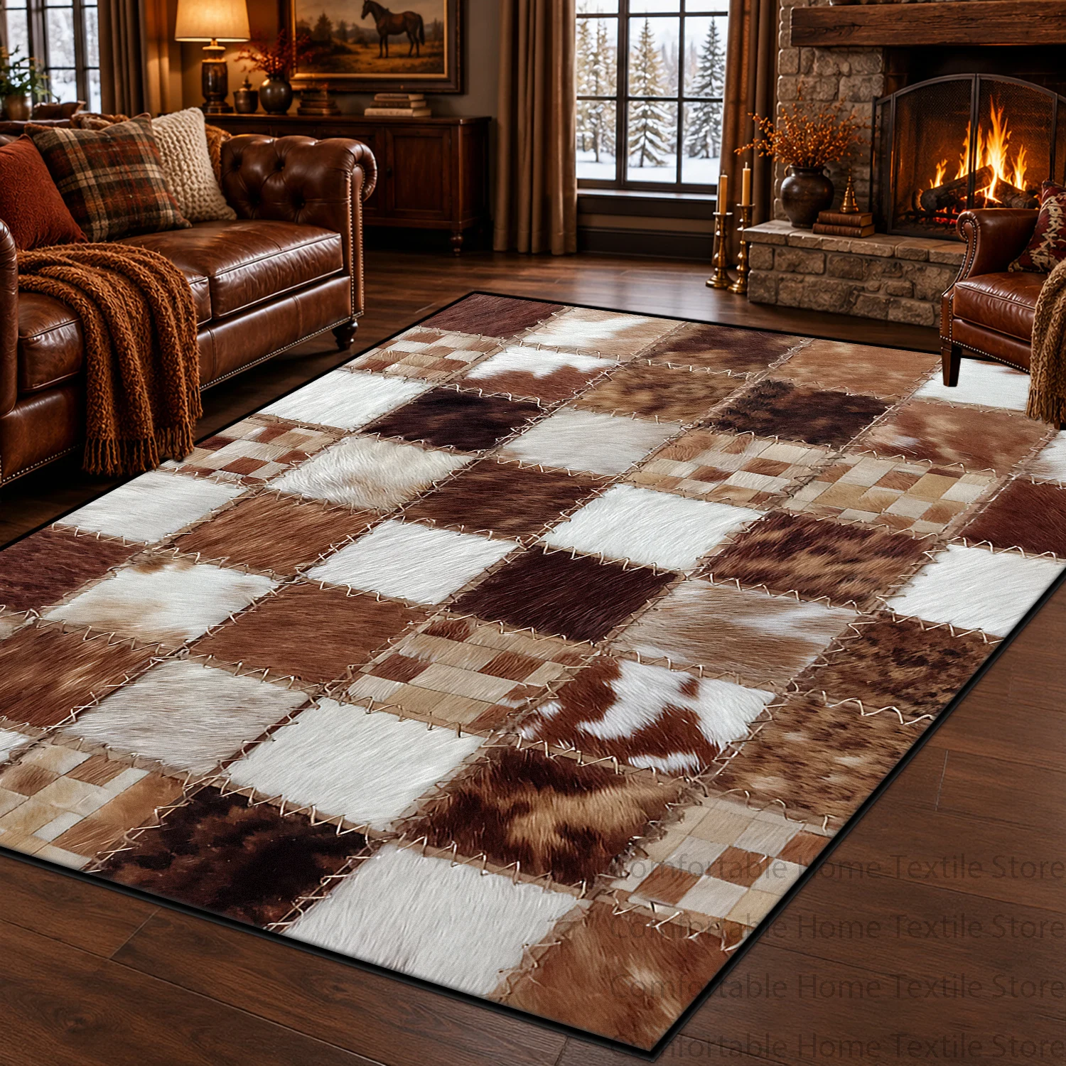 American Vintage Cowboy Style Patchwork Rug for Living Room Brown Autumn and Winter Atmosphere Non-slip Large Size Room Carpet