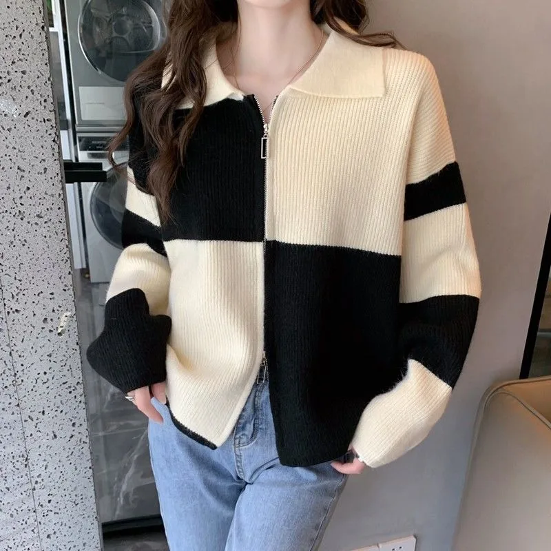 

Knitted Polo Collar Color-blocking Sweater Cardigan Jacket for Women Autumn and Winter Zipper Women's Versatile Sweater Coat