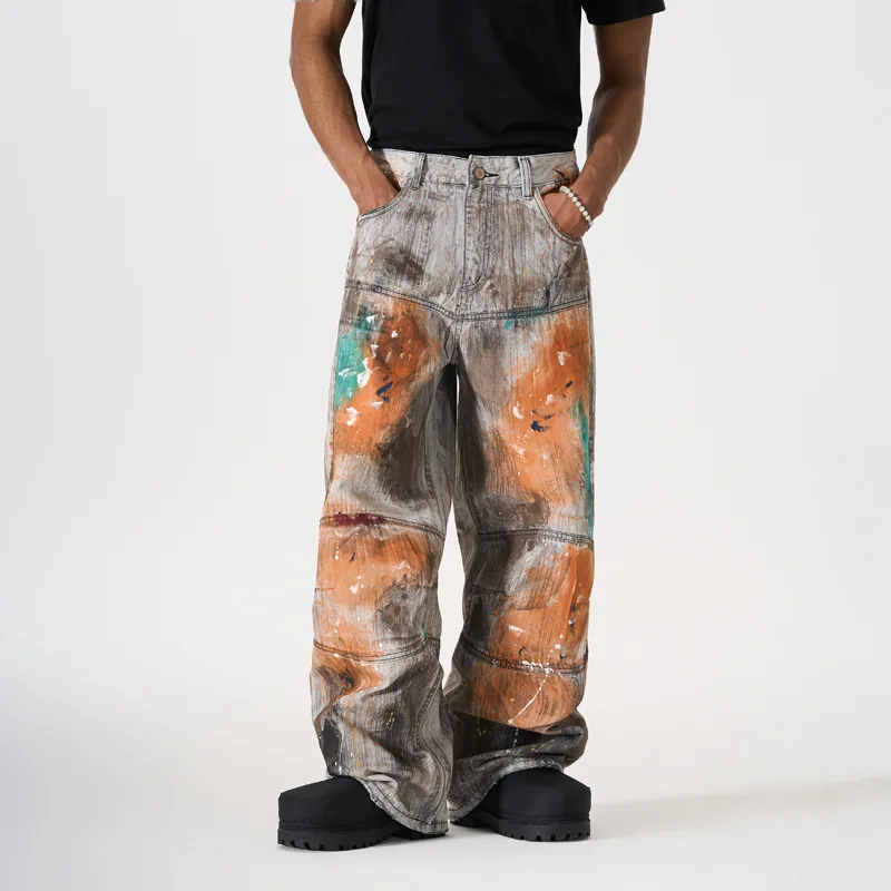Retro American Style Spliced Vintage Dyeing Graffiti Wide Leg Jeans Men Loose Straight Cut Denim Pants Trendy Casual Trousers