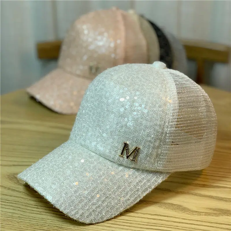 New Summer Hollow Breathable Mesh Sequin Baseball Cap Women\'s Fashion Rhinestone Letters Solid Color Sun Hat Hip Hop Chapeau