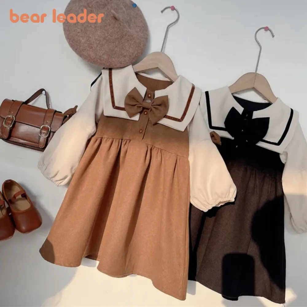 

Bear Leader Korean Version Children's Clothing 2025 Preppy Style Patchwork Bow Long Sleeved Autumn Girls' Dresess