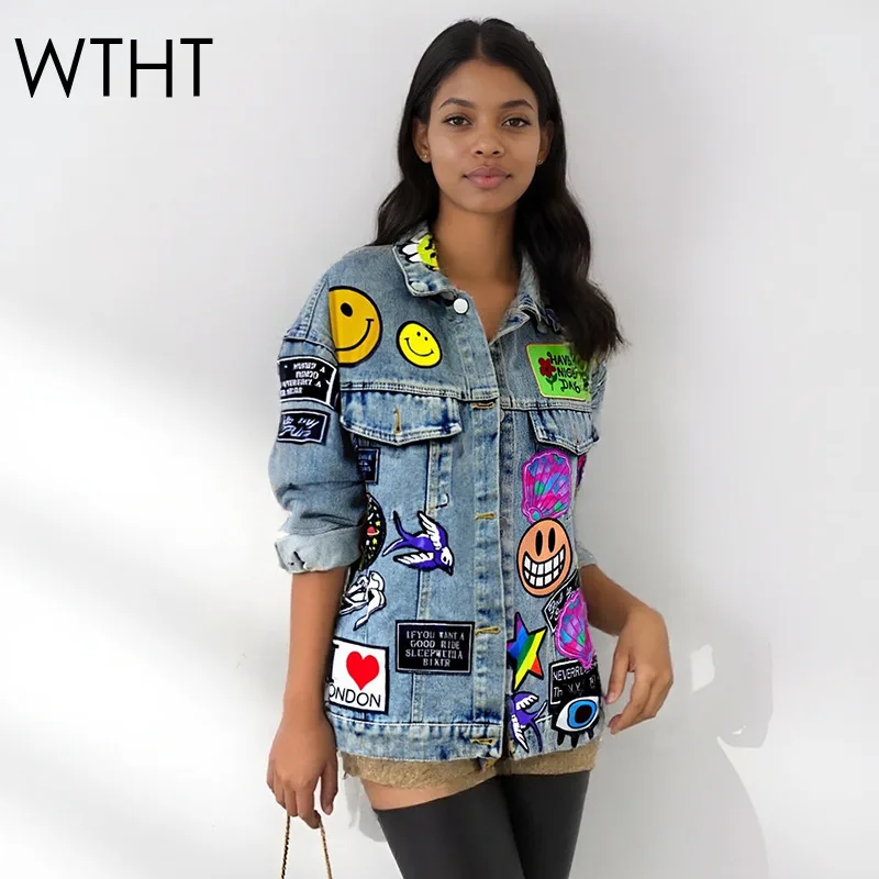 

WTHT New Fashion Women's Colorful Embroidery Loose Casual Denim Jacket 2025 Winter Trendy Lapel Long Sleeves Coat Female 1LS2717