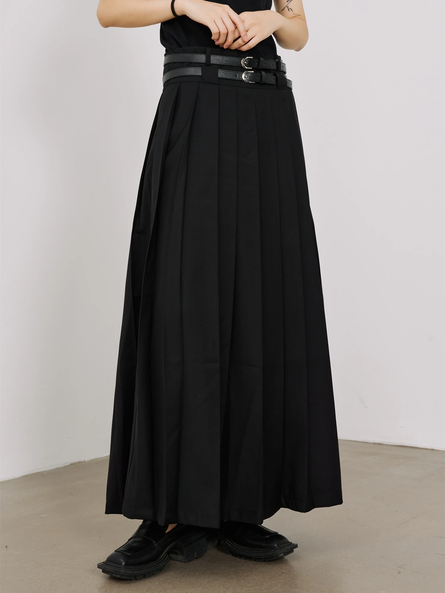 Sunvonnie22FW  Dark Mountain Double Belted A-Line Midi Skirt Autumn Commute Simple High Waist Polyester Long Skirt