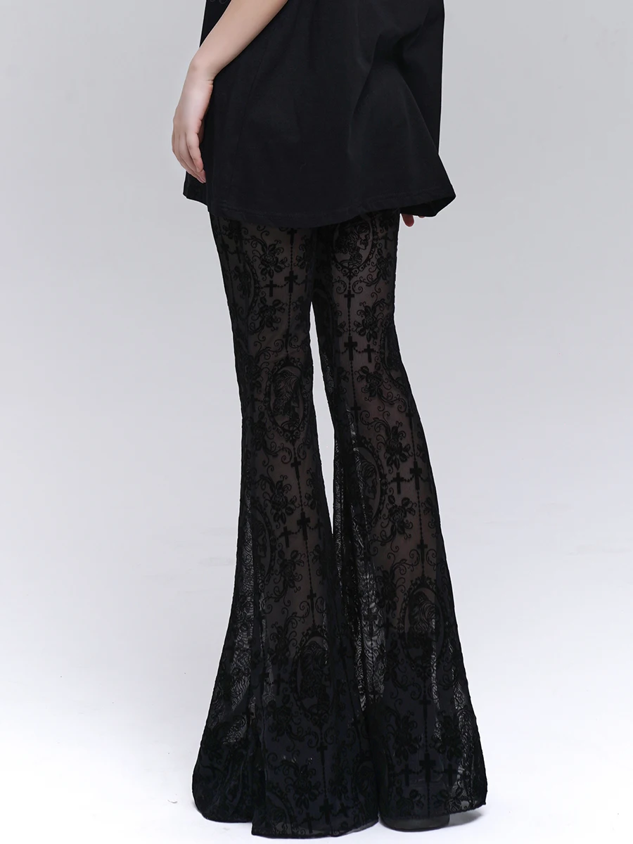 Gothic Black Lace Micro-horn Trousers High Waist and Thin Subculture Sweet and Spicy Style Music Festival See-through Pants