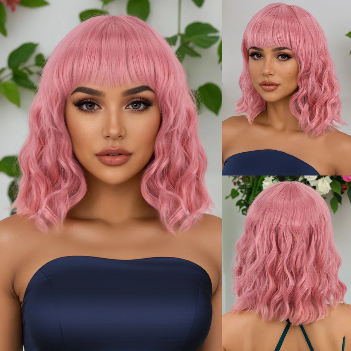 European and American wig women's pink fashionable bangs curly hair wavy wig-Synthetic fiber wig