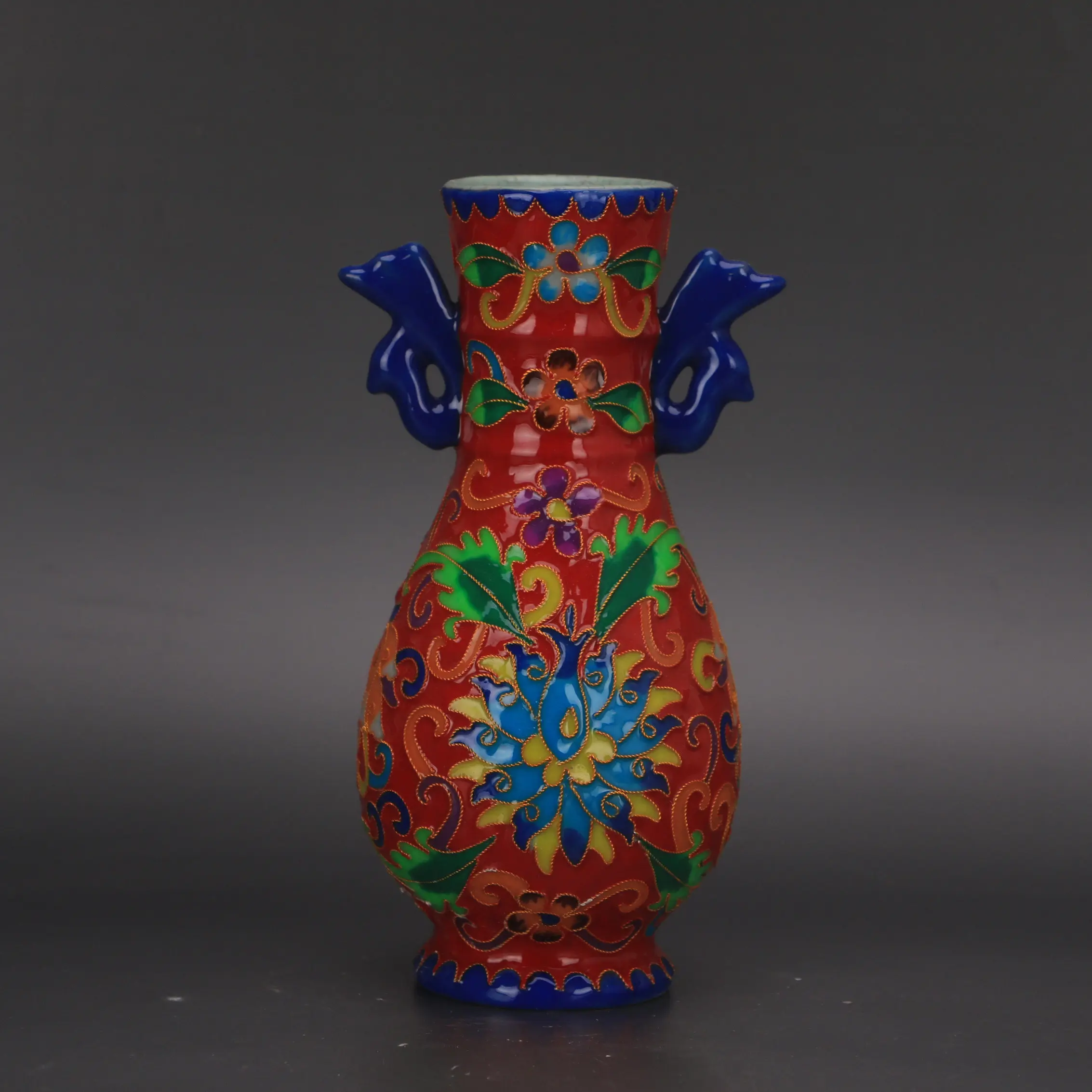 Handmade Chinese Qing Qianlong Style Cloisonne Enamel Red Ground Phoenix Ear Vase Porcelain Vintage Home Decor Gift