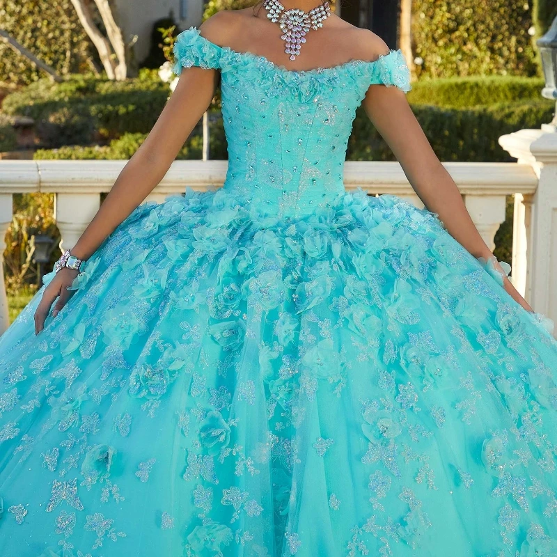 Sexy Off the Shoulder Ball Gown Quinceanera Dresses Corset Lace Beaded Flower Formal Prom Graduation Gowns Lace Up Princess Swee