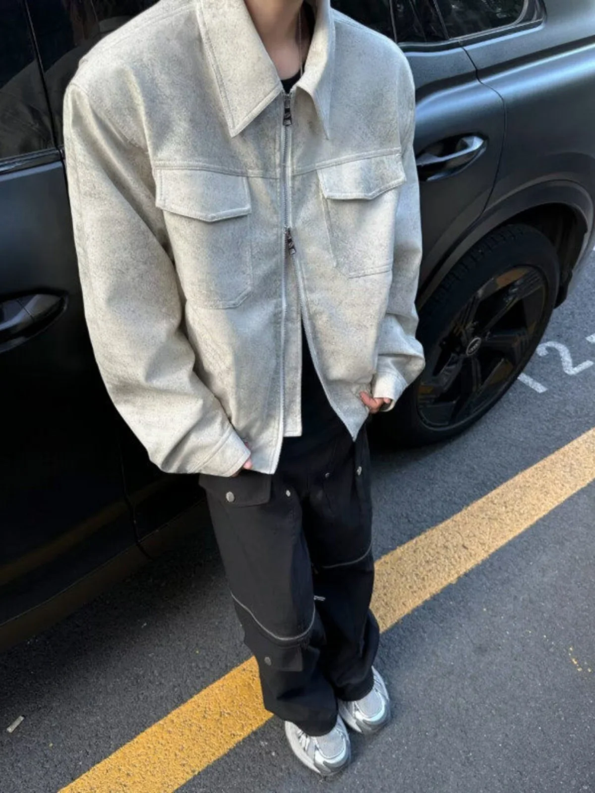 

American Sle Dyed PU Leather Jaet Men's ort Spring Autumn Loose Cool oulder Pad Stand Collar Zipper Decoration Workwe...