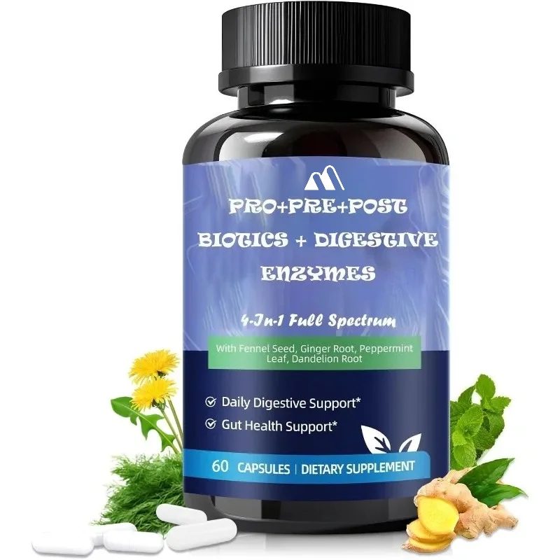200 Billion CFU Probiotics Containing Prebiotics Digestive Enzymes, Plantago Asiatica - Gut Digestive Immune Support 60 Capsules