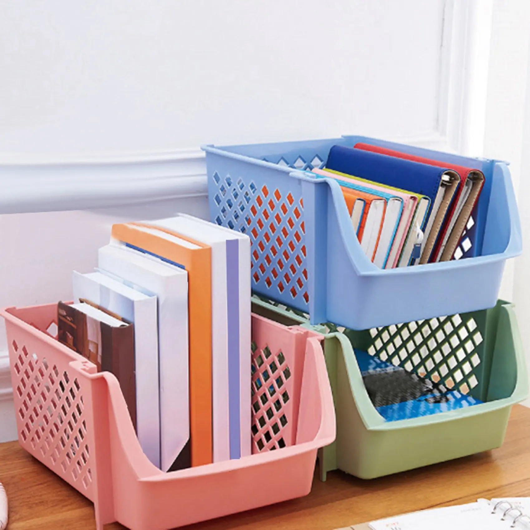 

ABAH-2X Stackable Plastic Basket Kitchen Storage Basket Fruit & Vegetable Plastic Storage Basket Plastic Storage Rack(Beige)