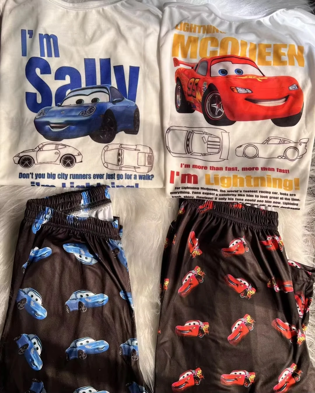 

2026 Hot Halloween Autumn/Winter The Cars Lightning Mcqueen&Sally T-Shirt With Pajama Pants Oversized Suit Men's Women's Clothes