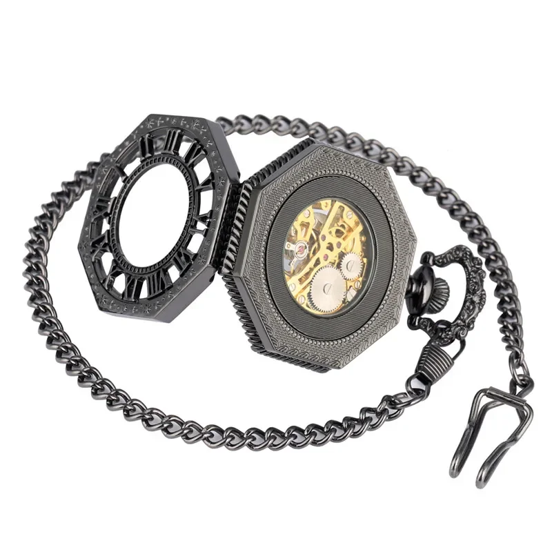 Antique Black Octagon Shape Clock Men Women Handwind Mechanical Pocket Watch Skeleton Clock Roman Number Dial Pendant Chain