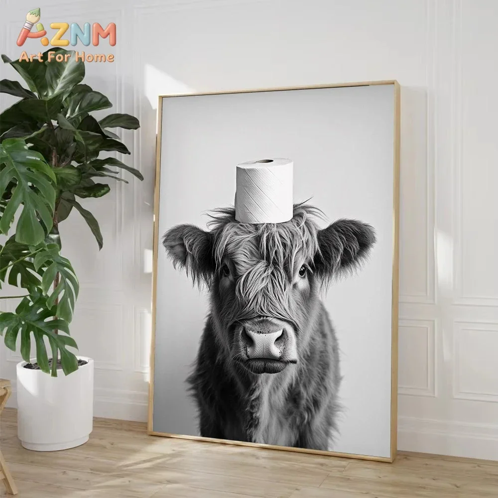 AZNM Funny Black White Animal Toilet Paper Canvas Print, Cat Dog Otter Raccoon Cow Fox Unframed Canvas Painting, Bathroom Wall A