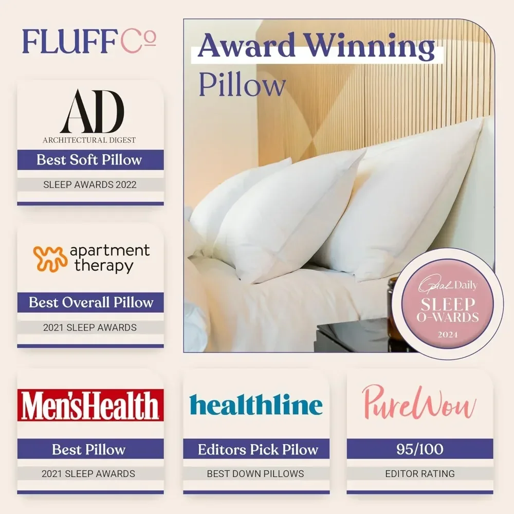 

Luxury Zen Fluff Down Pillow - 600 Fill Power White Duck Down for Stomach Sleepers, Standard/Queen Size