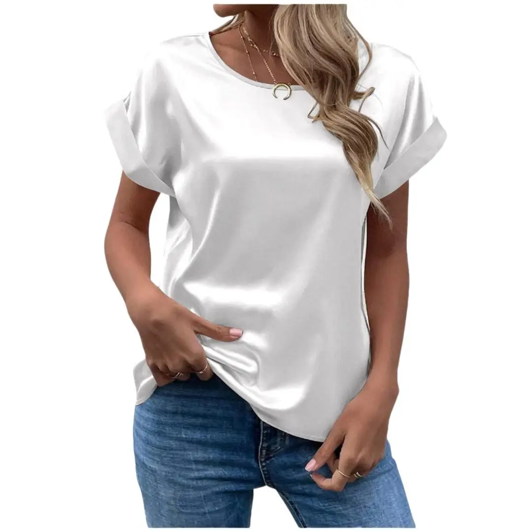 Temperamental Satin Women Shirts and Blouses Lady Trend 2024 Straight Women\'s Traff Woman 2024 T-shirt Pullover Crew Neck Kadın