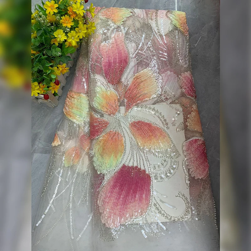 

1 Yards Luxury African Sequin Embroidery Beaded Lace Fabric High Quality Nigerian French Tulle Fabric For Wedding Party Dress