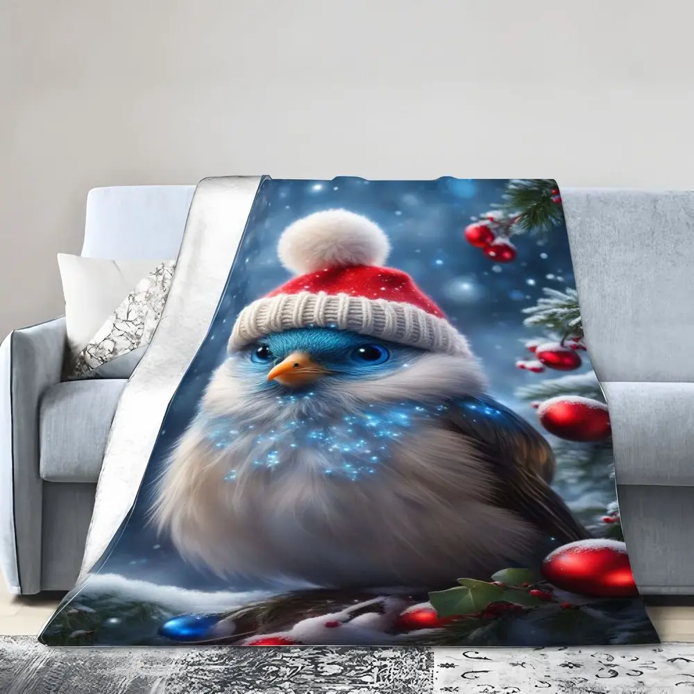 Charming Cute Fluffy Bird Winter Hat Throw Blanket - Cozy Polyester Soft Blanket Featuring a Whimsical Snowy Scene with Blue and - view 5