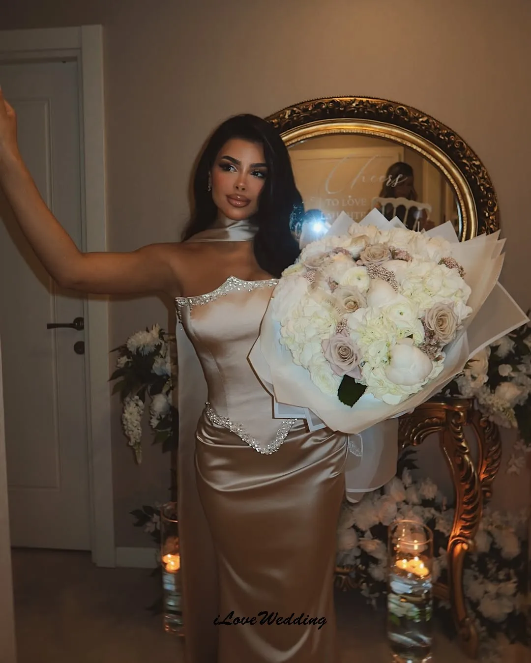 

Customized Strapless Prom Dresses Satin Mermaid Wedding Party Dress For Women Guest Beading Evening Dress Ribbons Floor Length