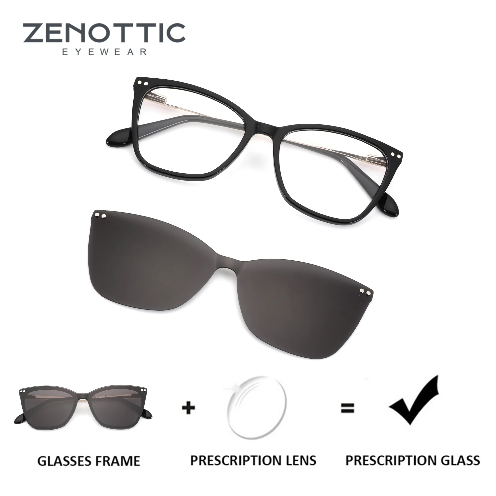 ZENOTTIC（S Size）Modish Butterfly Prescription Glasses with Magnetic Clip On Acetate Frame for Women Sunglasses Attachment