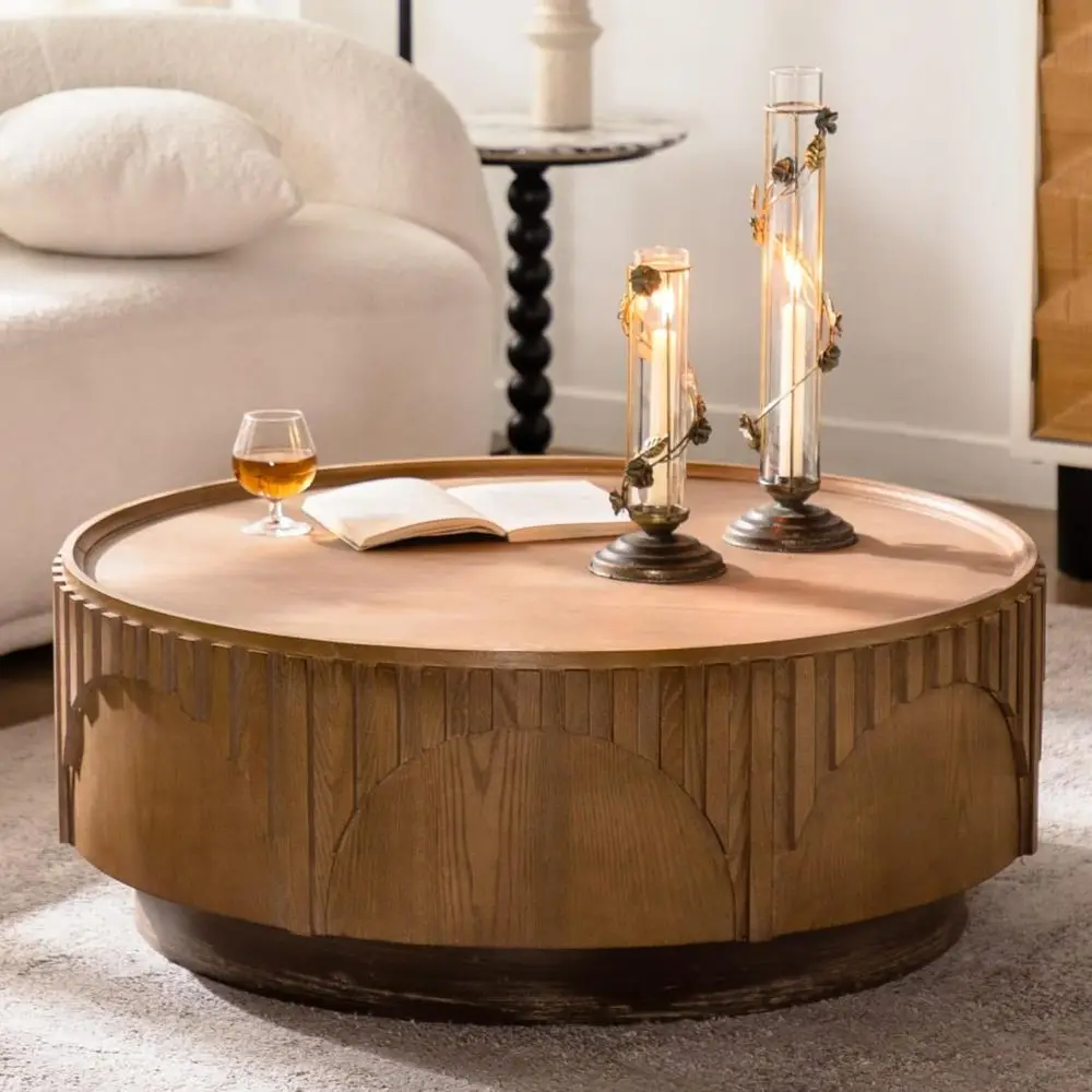 

Round Contemporary Solid Wood Veneer Handcrafted Coffee Table with Sturdy Pedestal, Suitable for Living Room