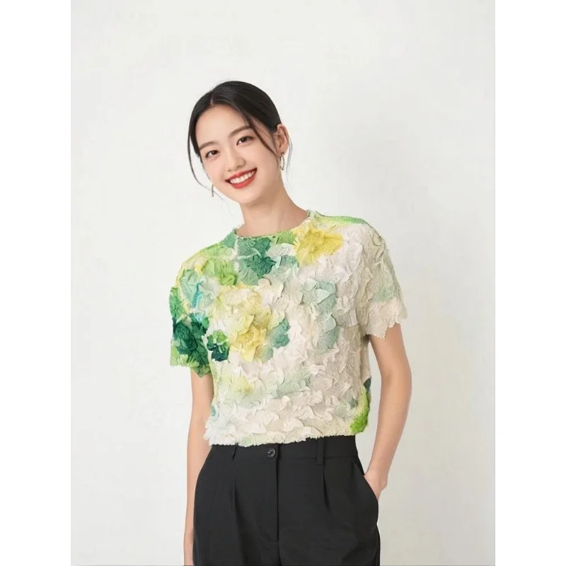 

Miyake Pleated Spring and Summer New 2025 Gradient Print Half-high Neck Short-sleeved T-shirt Versatile Pleated Sweet Tops