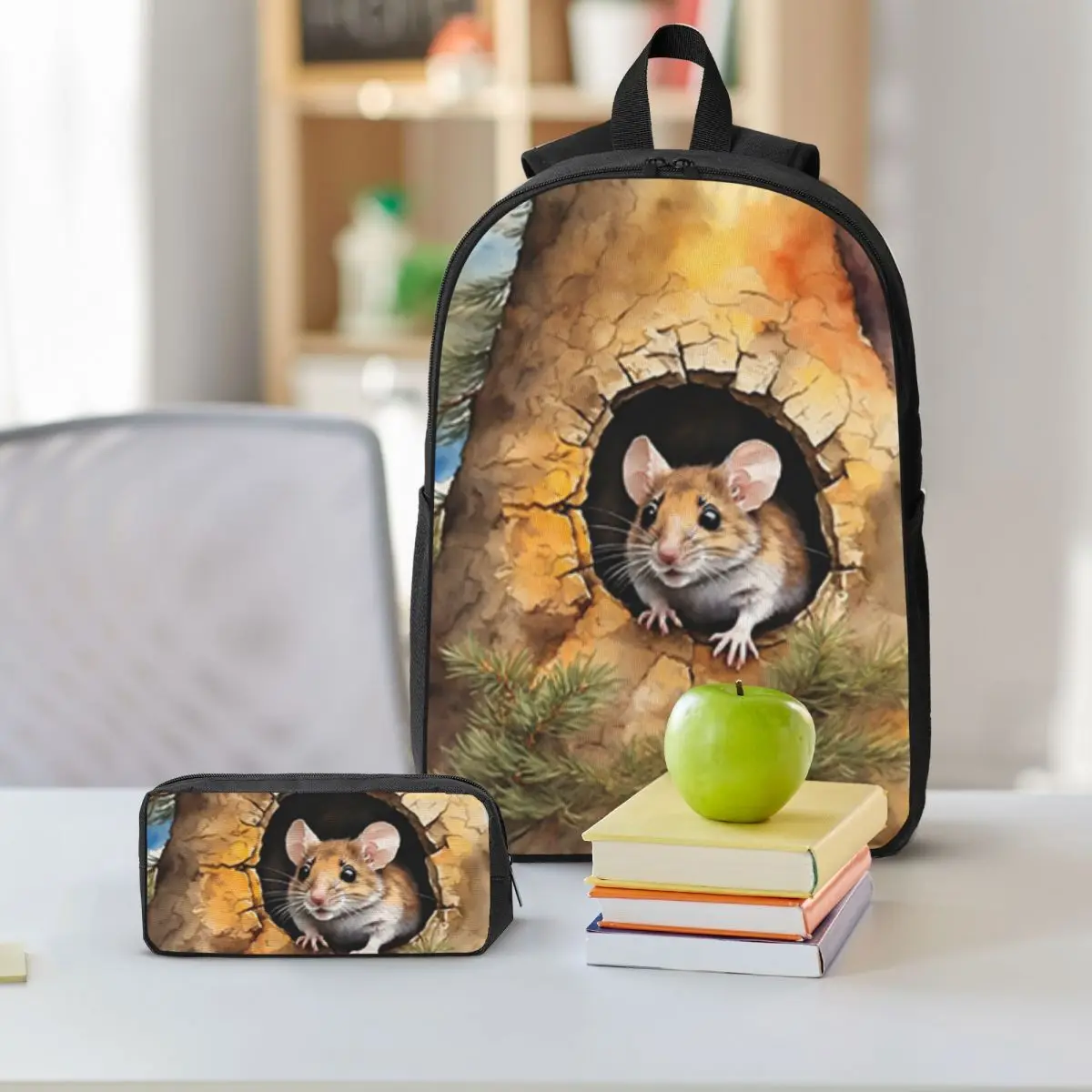 Mouse Flower Tree Hole Oil Painting Backpack Student BookBag School Bag Shoulder Bags 3ps Insulated Lunch Bag Pencil Case