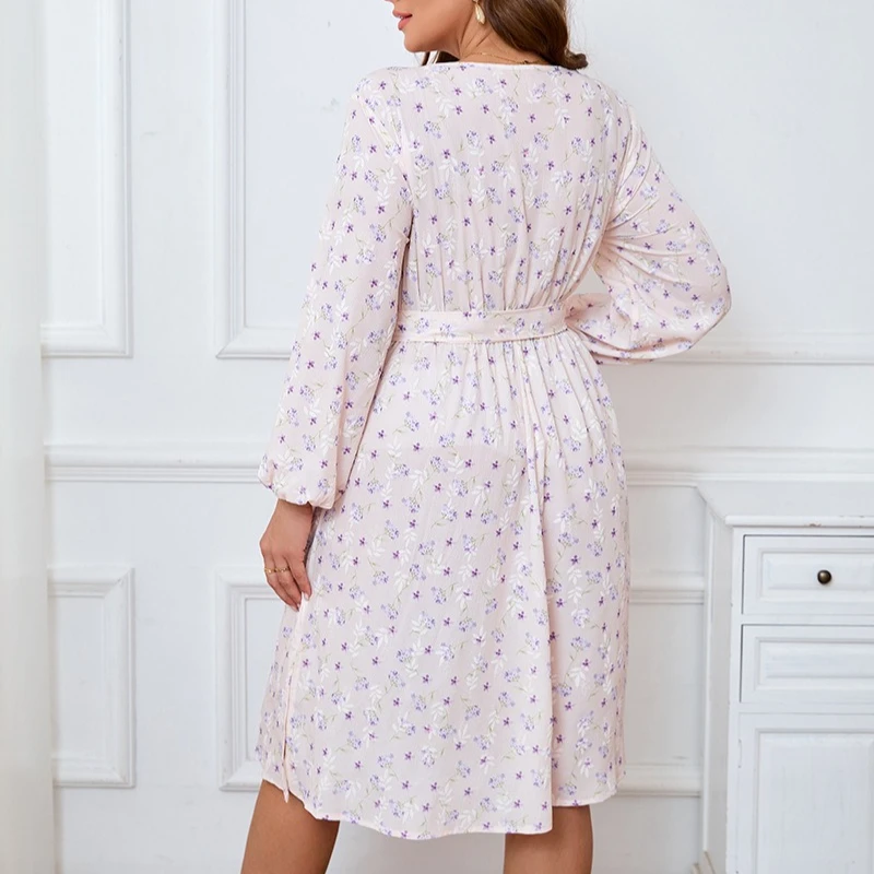 Tilaa فساتين مقاس كبير 2025 الخريف الكورية الوردي شيك طباعة فانوس كم الخامس الرقبة الخصر النحيف جزء أنيق فستان النساء الملابس