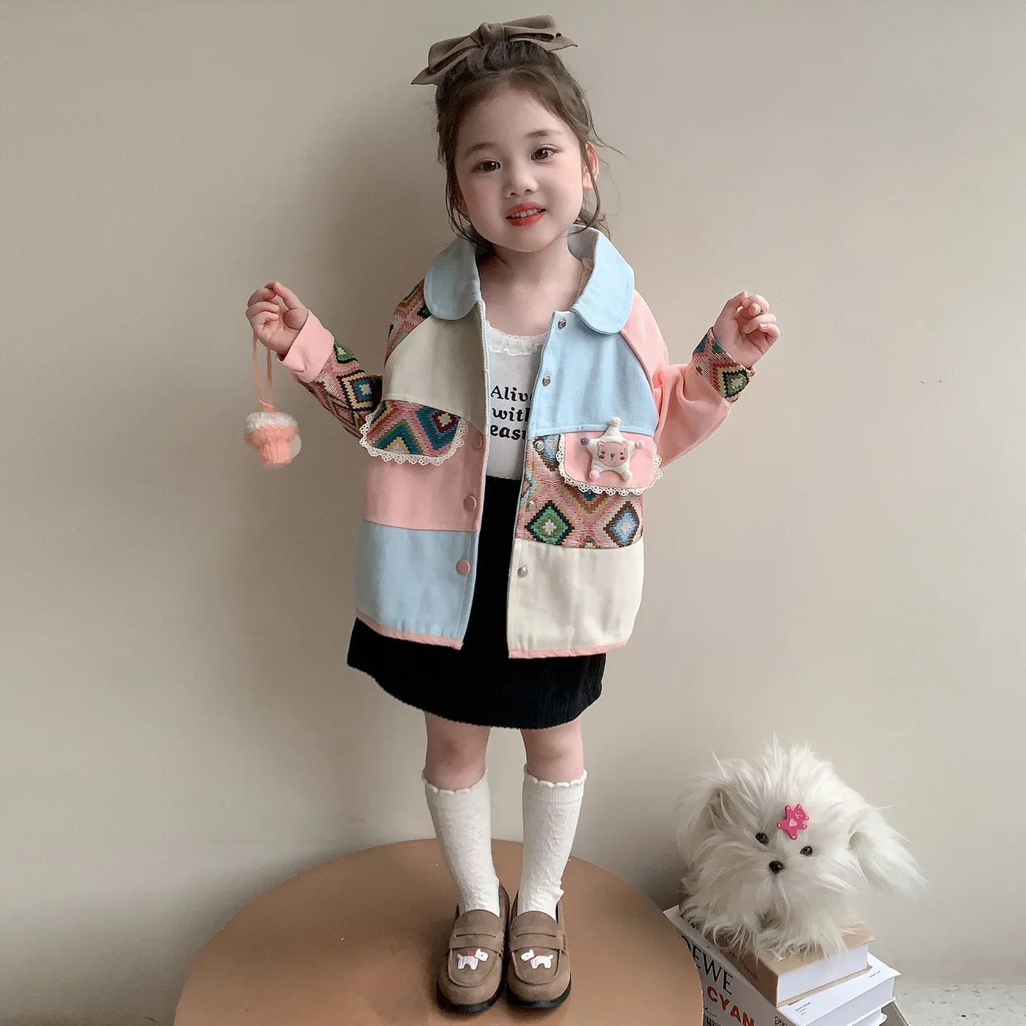 

Girls Outerwear Spring and Autumn New Korean Edition Fashion Diamond Grid Color Blocked Jacket Fashion Daily Casual