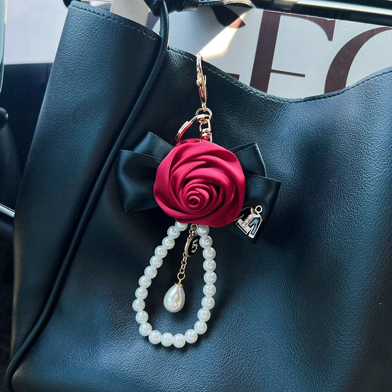 Fabric Rose Pearl String Keychain Water Drop Accessories Personalized Bag Hanging Decoration Fashion Sweet Korean Style Pendant