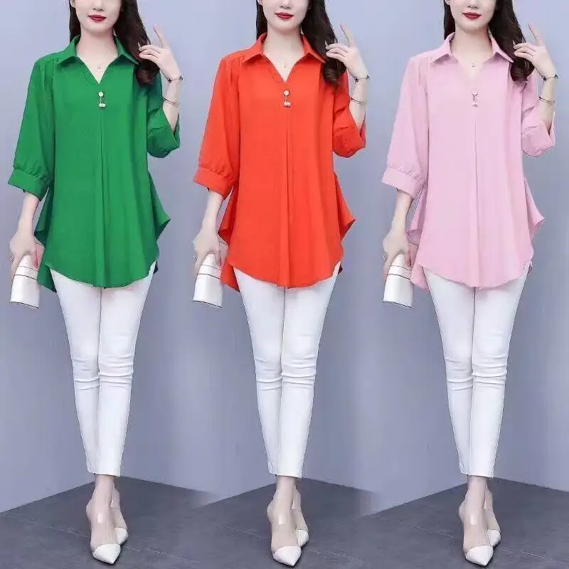 Women Summer Office Lady Elegant Loose Large Size Appear Thin Solid Color Slash Neck 3/4 Sleeve Shirts Ladies Casual Trend Tops