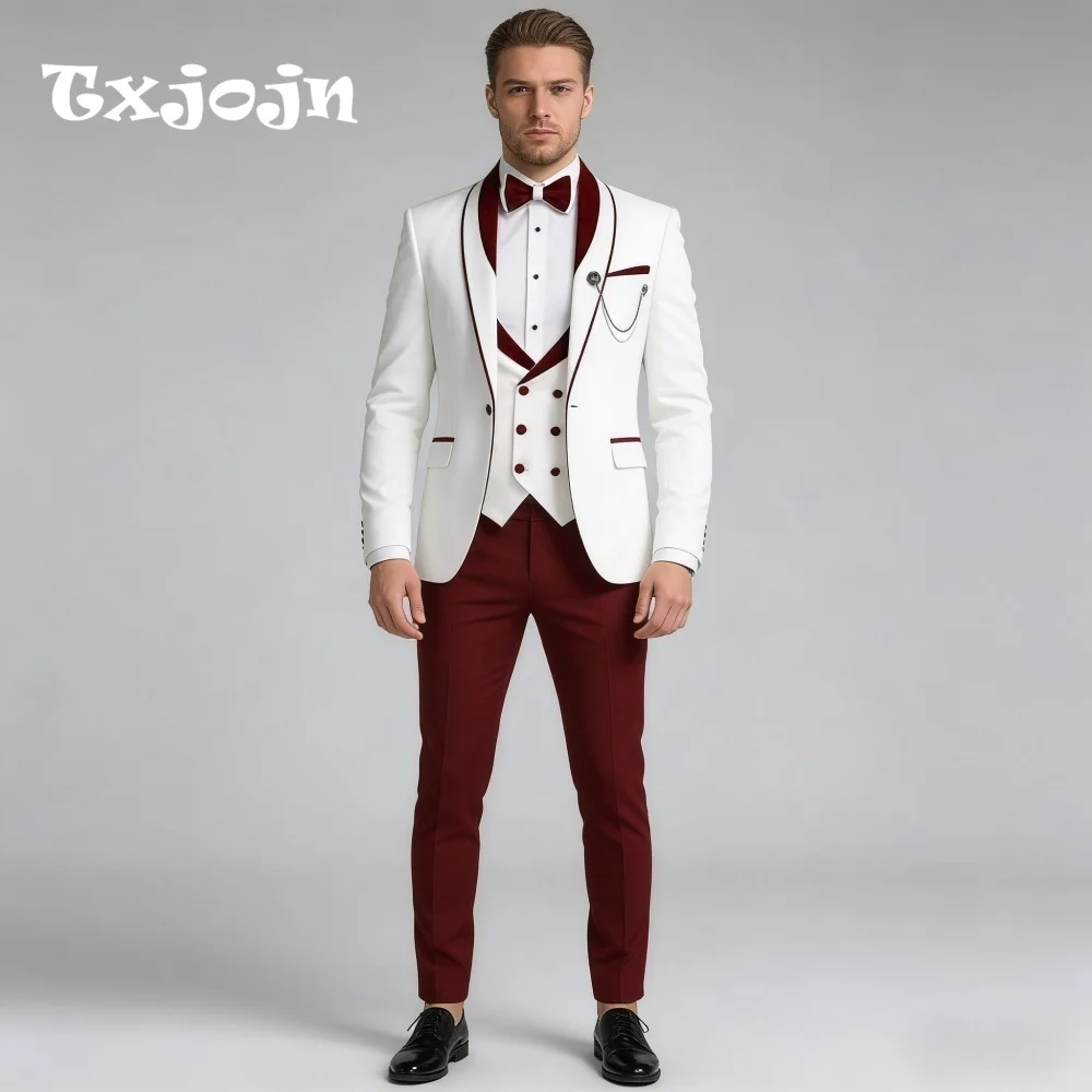 

White Burgundy Contrast Color Men Wedding Luxurious Shawl Lapel 3PCS Suit Groom Suit Set Jacket Vest Pants Wedding Customized