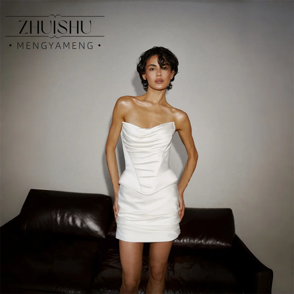 ZHUISHU Simple Short Satin Sheath Wedding Dresses V-Neck Sleeveless Pleat Open Back Bridal Gowns Vestidos De Novia Customized