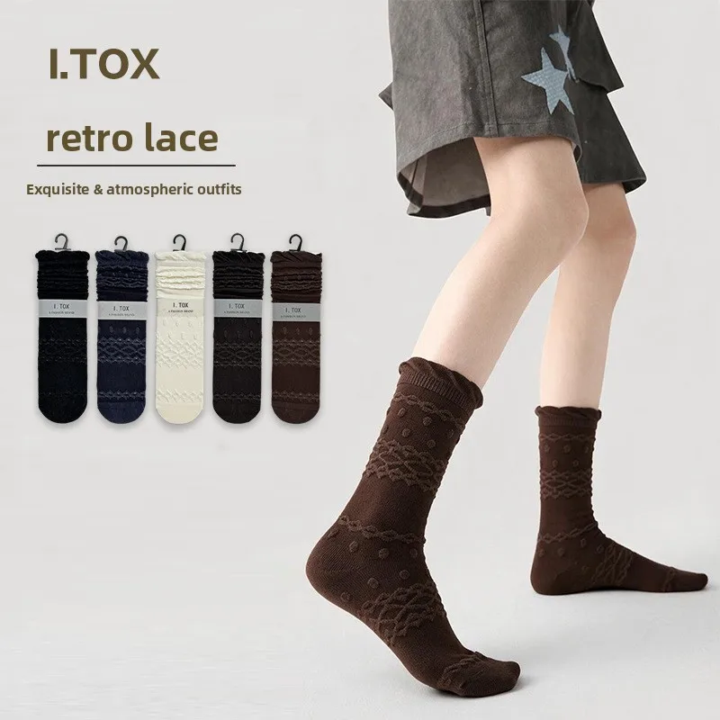 Vintage Lace Slouch Socks for Women, Fall Winter JK Style Embossed Jacquard High Cotton Seamless Toe Mid Calf Socks, No Rubbing