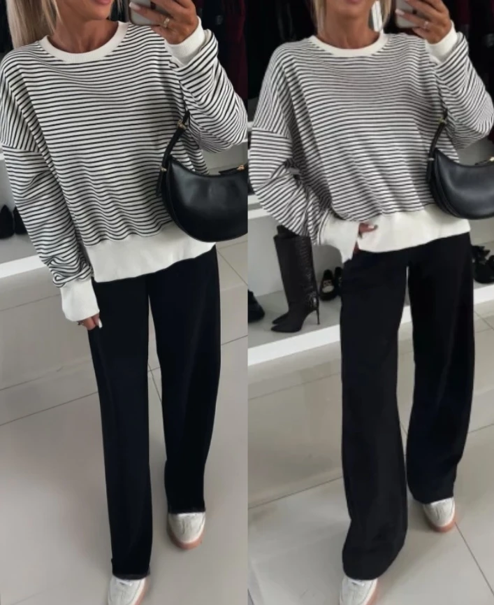 Elegant Striped Long Sleeve Crew Neck Oversized Sweatshirt Casual Loose Pullover Top 2025Autumn Winter Spring New Fashion Casual