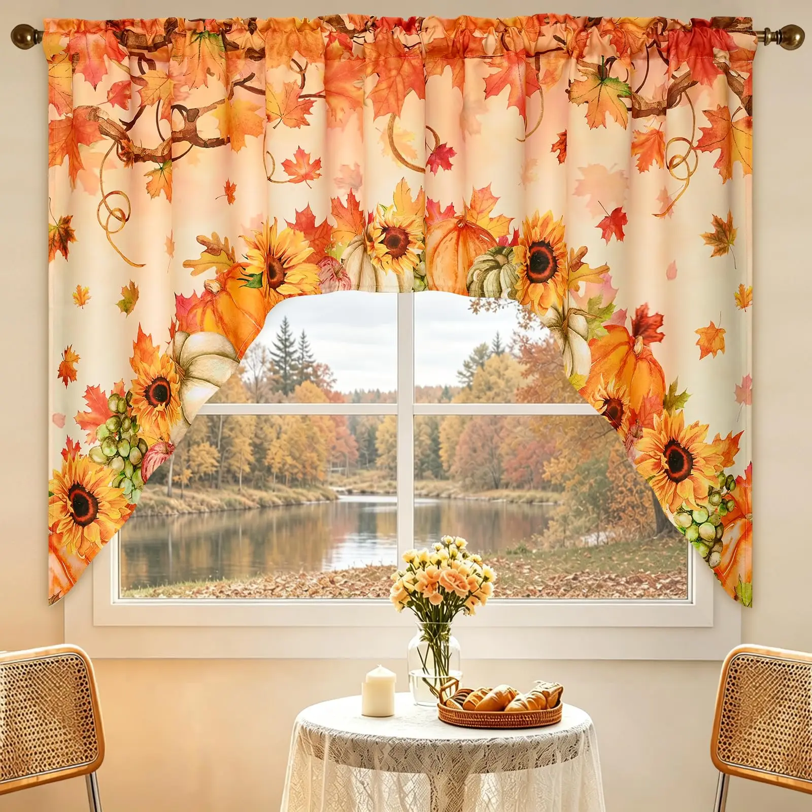 Maple Leaves Swag Valance Pumpkin Sunflower, Rod Pocket 1 Panel for Kitchen Bathroom Cafe, Small Window Curtain Decor Farmhouse